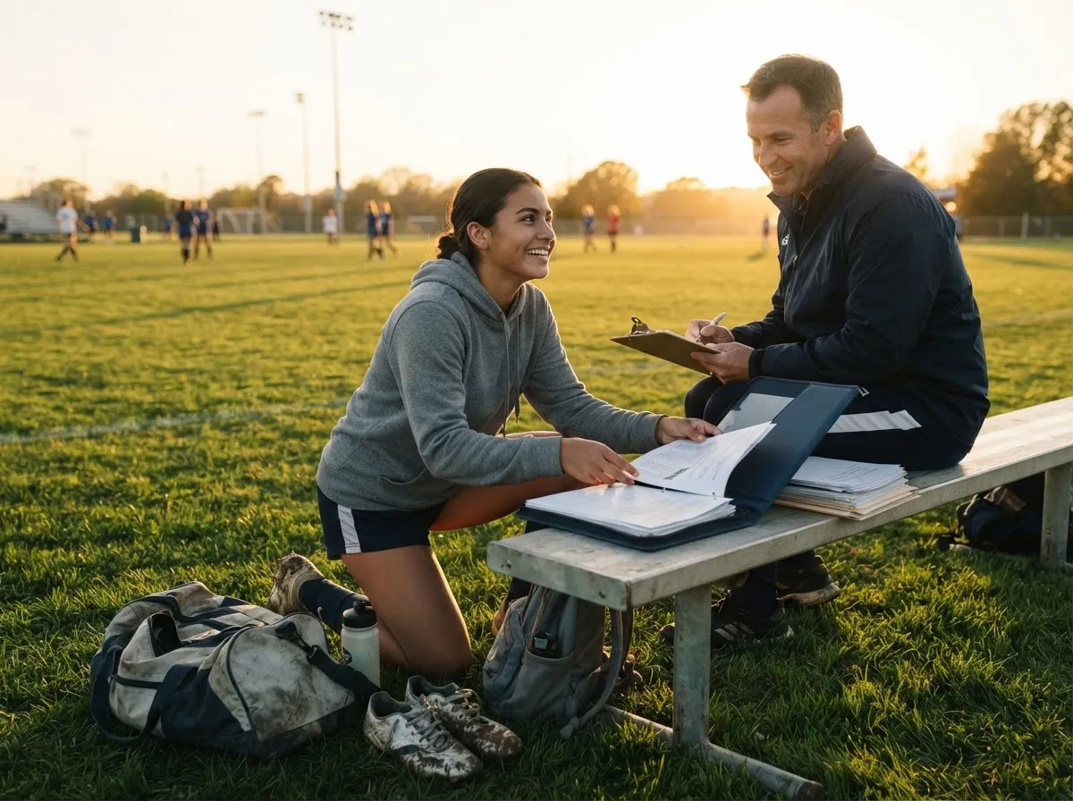 Young athlete shares portfolio with coach on sunlit field during college recruiting visit.