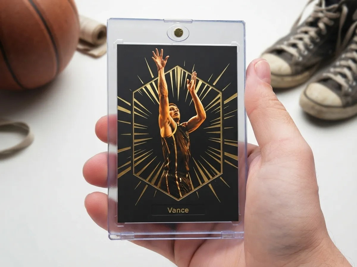 Hand holding magnetic case with gold foil burst-pattern sports resume examples trading card, basketball pose.