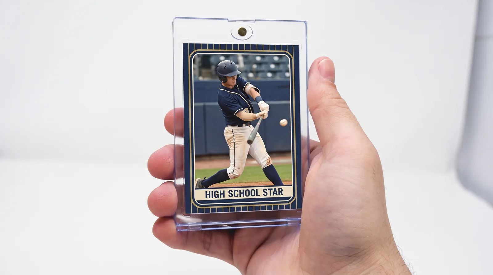 Custom baseball trading card held in a one-touch magnetic display case