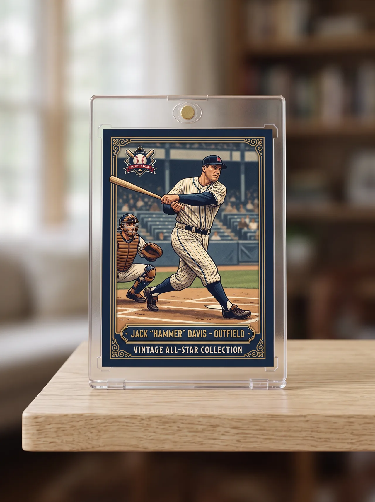 Custom baseball trading card standing in its magnetic case on a wooden shelf