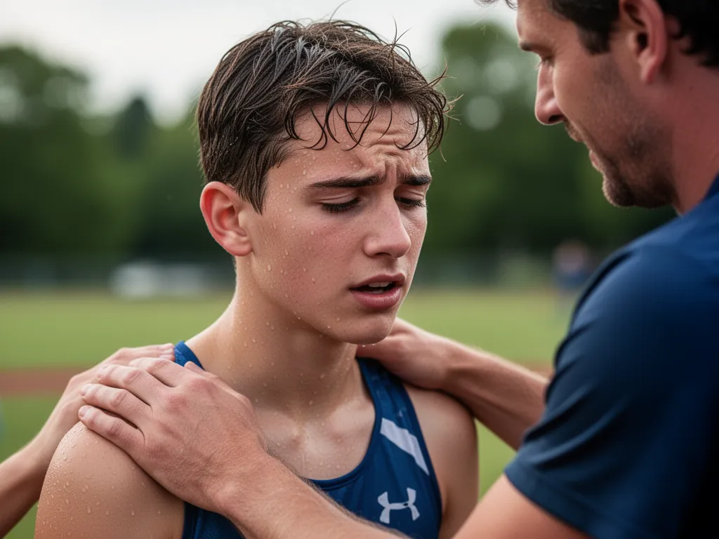 Athlete receiving encouragement from coach after completing competitive athletic event outdoors