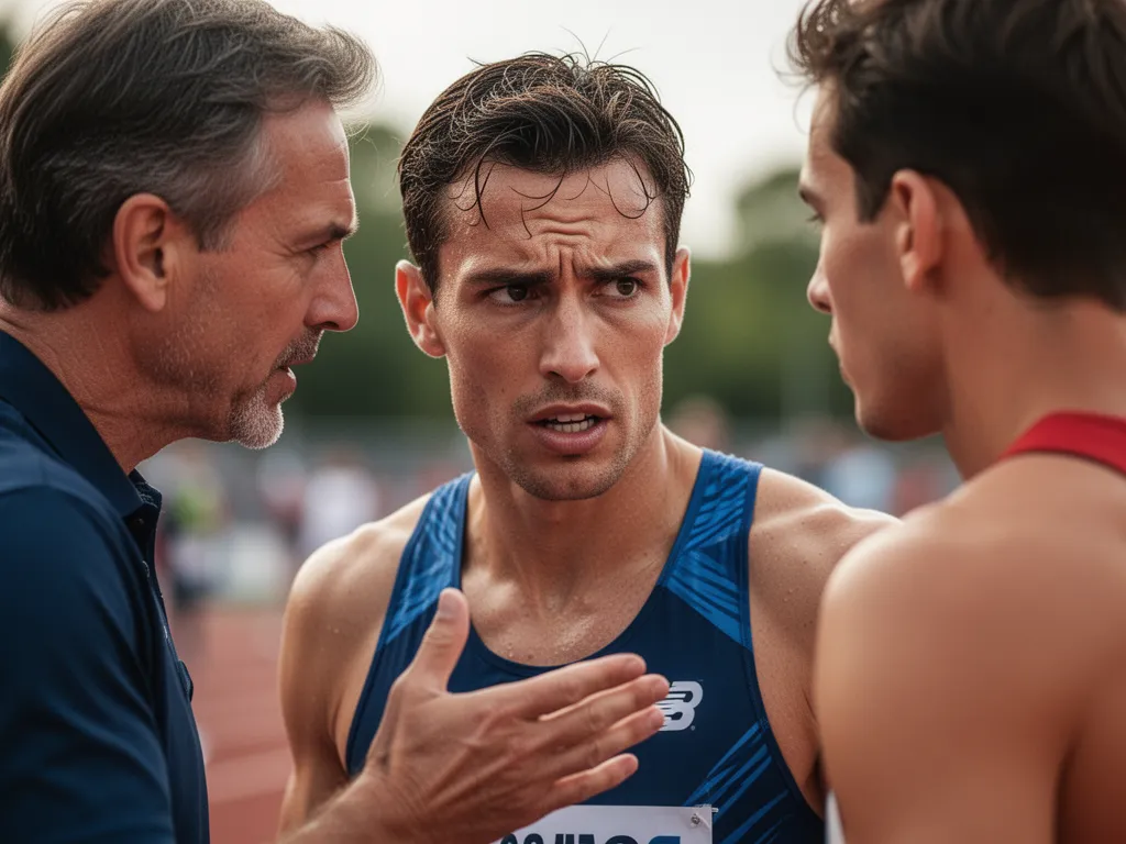 [coach providing guidance to athlete showing concentration and commitment during training moment]
