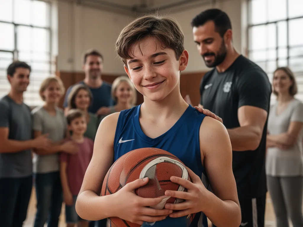 Young athlete holding sports equipment with coach mentoring and family watching supportively in background