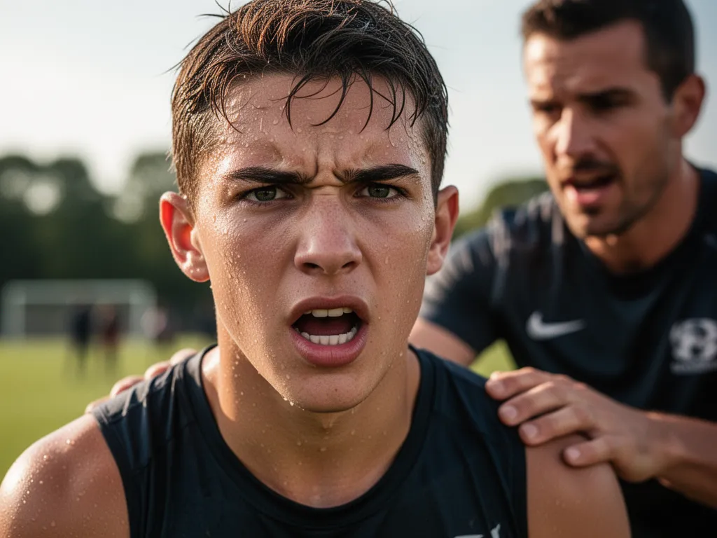 Close-up of focused athlete's face showing determination during intense training session with teammate support