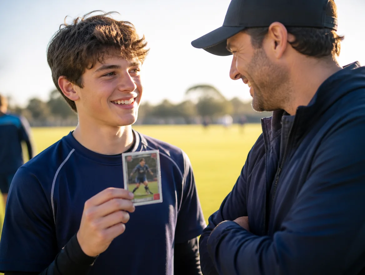 Young athlete showing a player-profile sports resume card to a coach