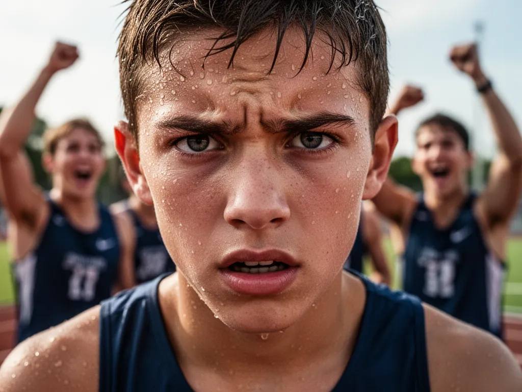 Young athlete's determined face during competition with teammates celebrating blurred in the background.