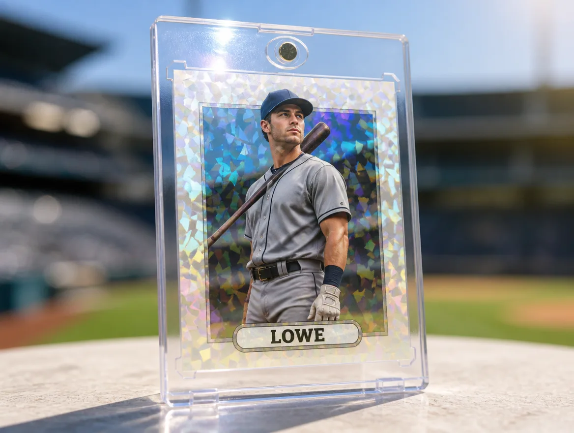 Custom player-profile sports resume card standing in a magnetic display case