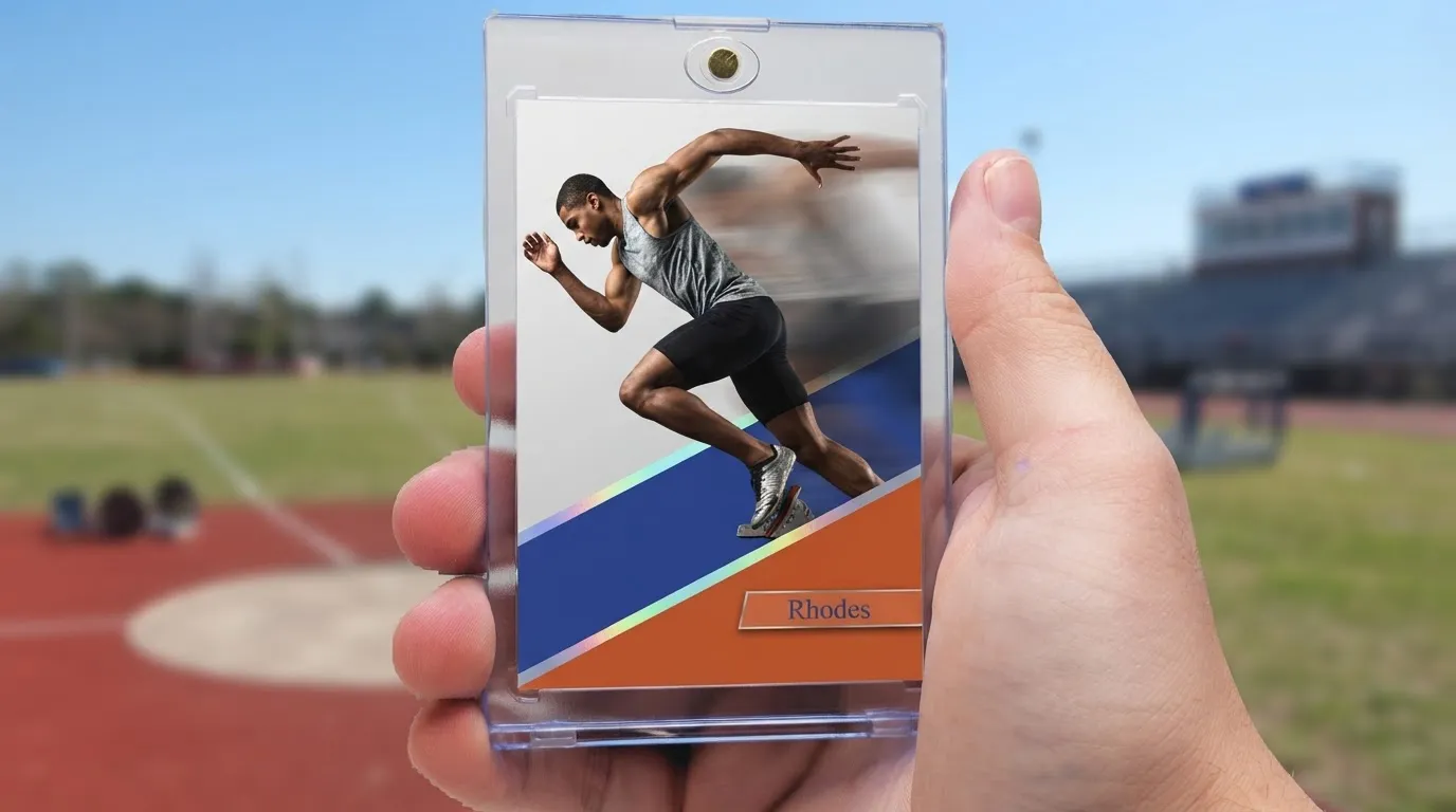 Hand holds magnetic case with sports shoes photography card of sprinter bursting from blocks, diagonal chrome frame.