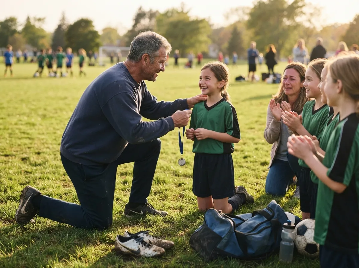 Coach shares a proud moment with young athlete on sunlit field as teammates celebrate nearby.