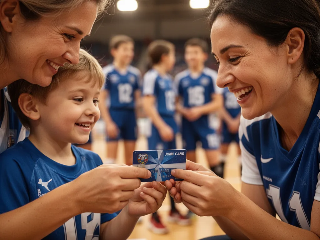 Parent and child sharing joyful moment as gift card is presented at sporting venue
