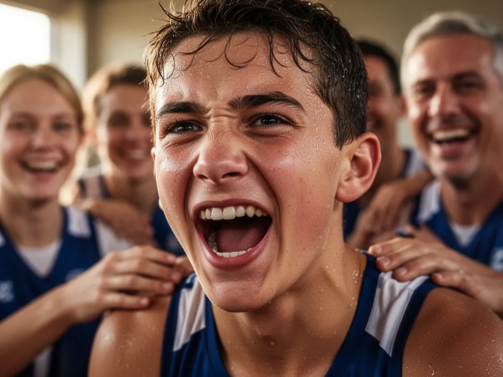 Young athlete's emotional expression during competition with supportive family or teammates visible in background