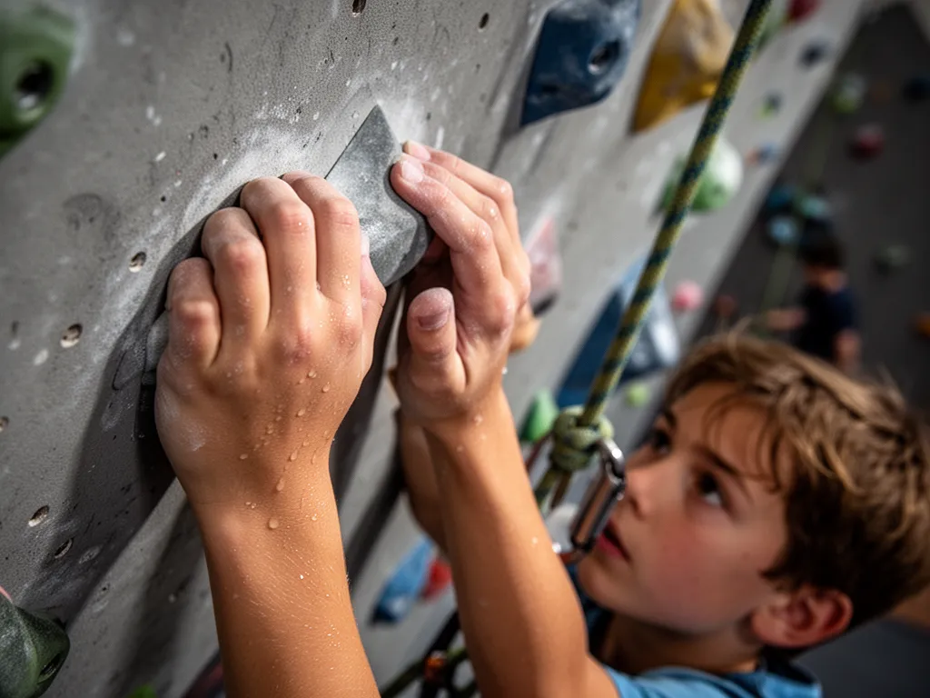 Rock climber's determined hands gripping climbing wall with intense focus during ascent