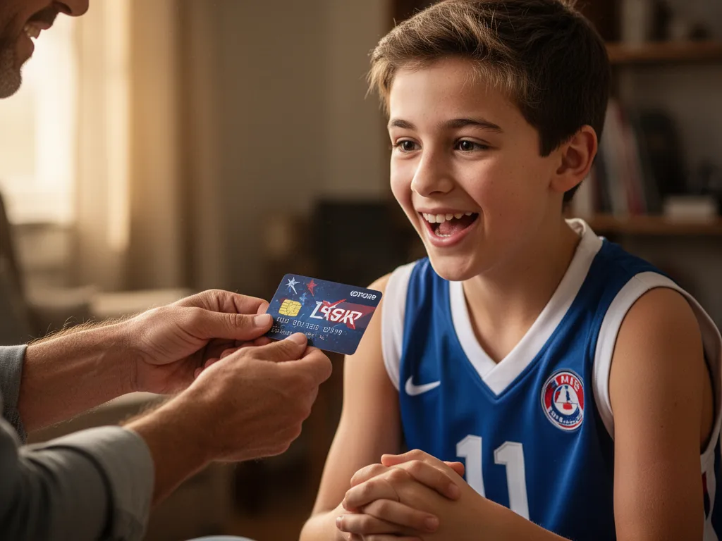 [Parent giving a gift card to a smiling young athlete wearing sports equipment in heartfelt moment]