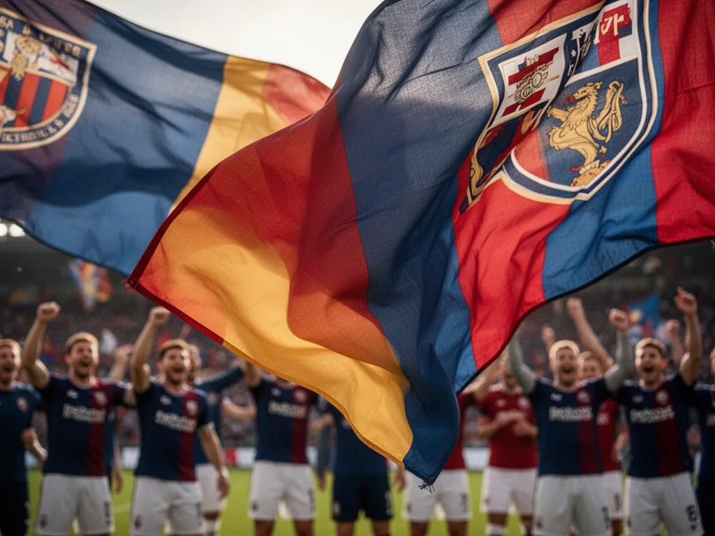 Close-up of rippling team banner fabric with celebrating athletes and supporters visible in soft focus background
