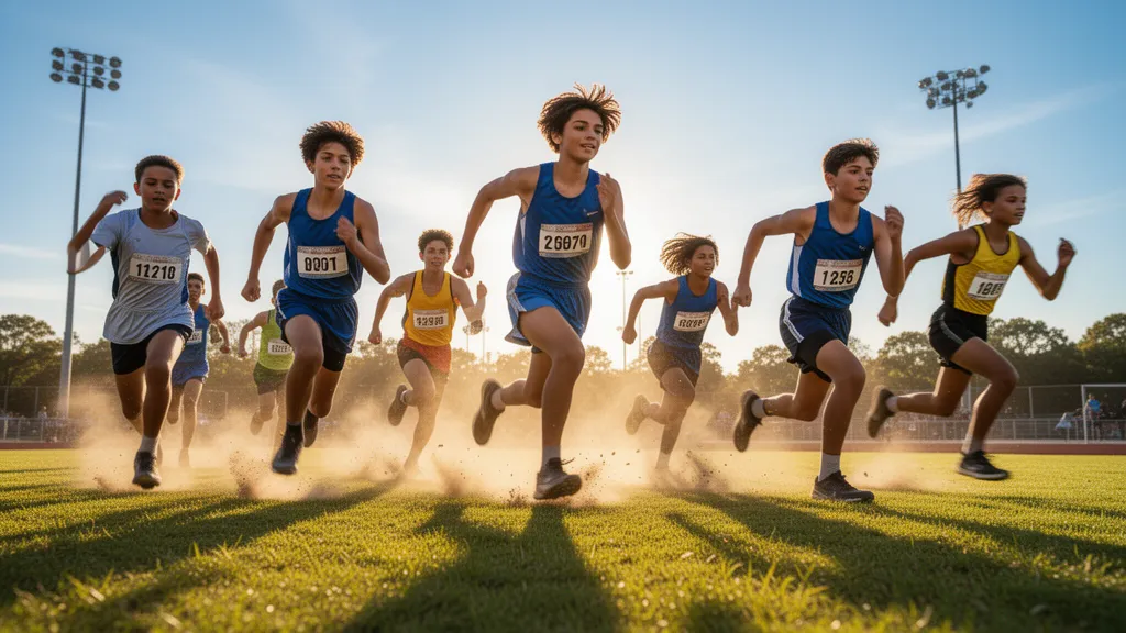 Young athletes running together on a grass field during an outdoor relay race in bright sunlight