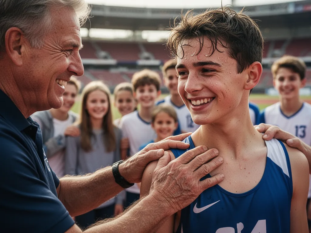 Coach placing supportive hand on young athlete's shoulder after competition with families watching in background