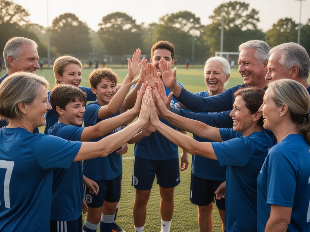 Young athletes and parents celebrating together in huddle after team practice with genuine emotion and connection