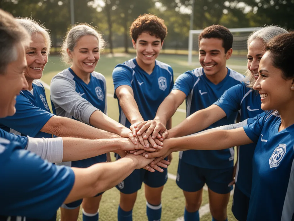 Team members and parents joining hands together in huddle showing unity and fundraising commitment