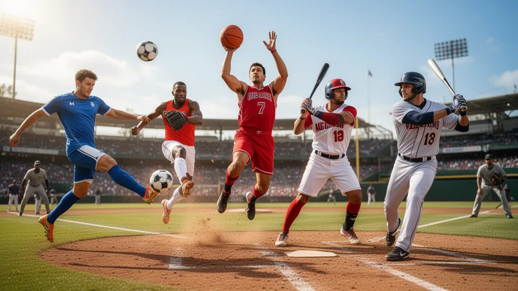 Multiple athletes from different sports competing simultaneously in outdoor natural lighting with dynamic motion