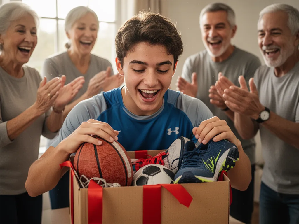 Young athlete excitedly opening sports gift box surrounded by celebrating family members indoors