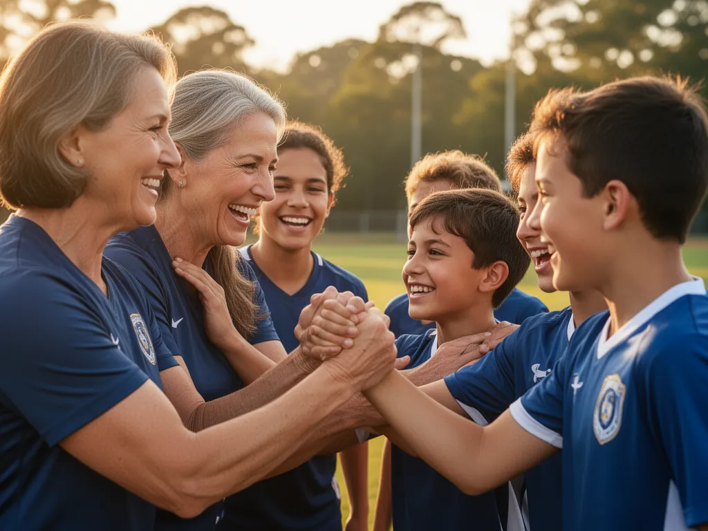 Parents and young athletes embracing in celebration with genuine emotion and natural outdoor lighting