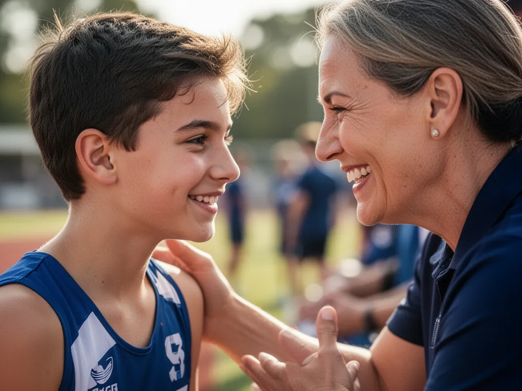 Parent and young athlete sharing an encouraging moment together on the sports sideline