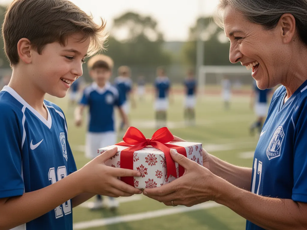 Parent giving wrapped gift to young athlete with emotional celebration and joy