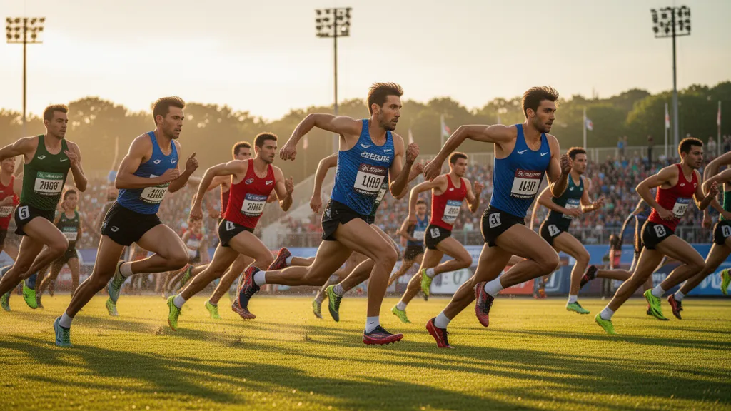 Multiple athletes in dynamic motion during outdoor competition with natural golden lighting and energetic movement captured across wide frame