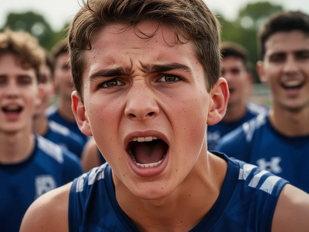 Close-up of determined athlete's face during competition with supportive teammates blurred in warm background