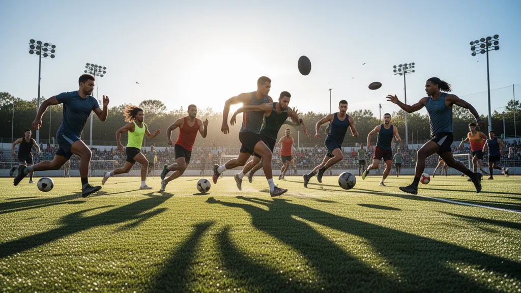 Multiple athletes in various sports competing outdoors with dynamic movement and natural lighting