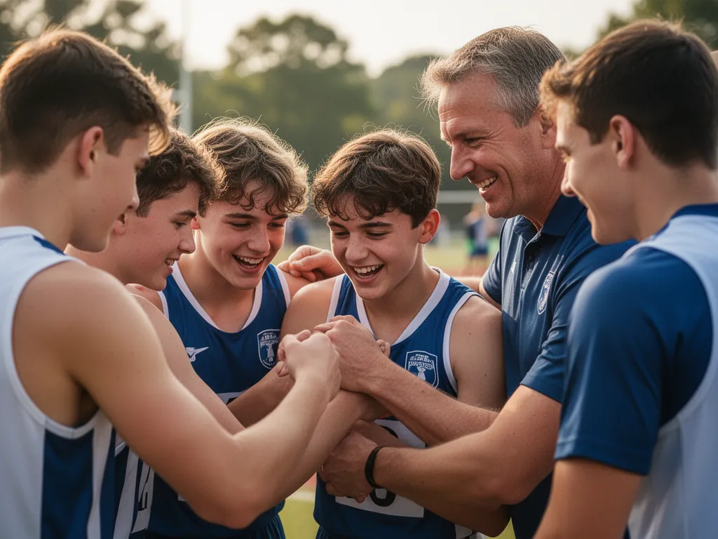 Young athletes and coach bonding together outdoors showing teamwork and genuine emotion