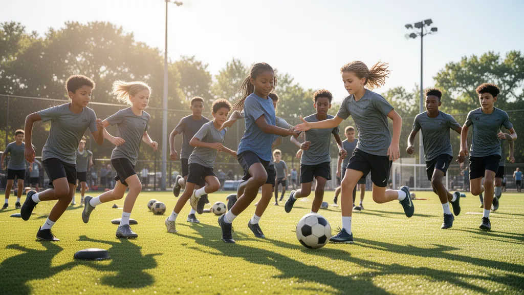 Young athletes training together outdoors during team practice session with natural lighting