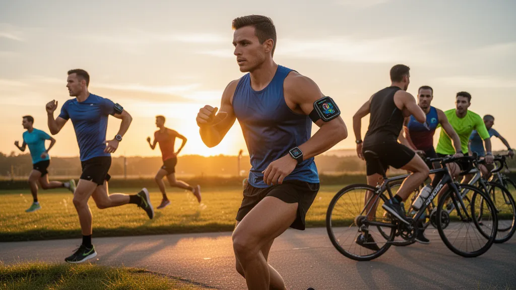 Multiple athletes in motion outdoors wearing sports tech wearables during golden hour training session