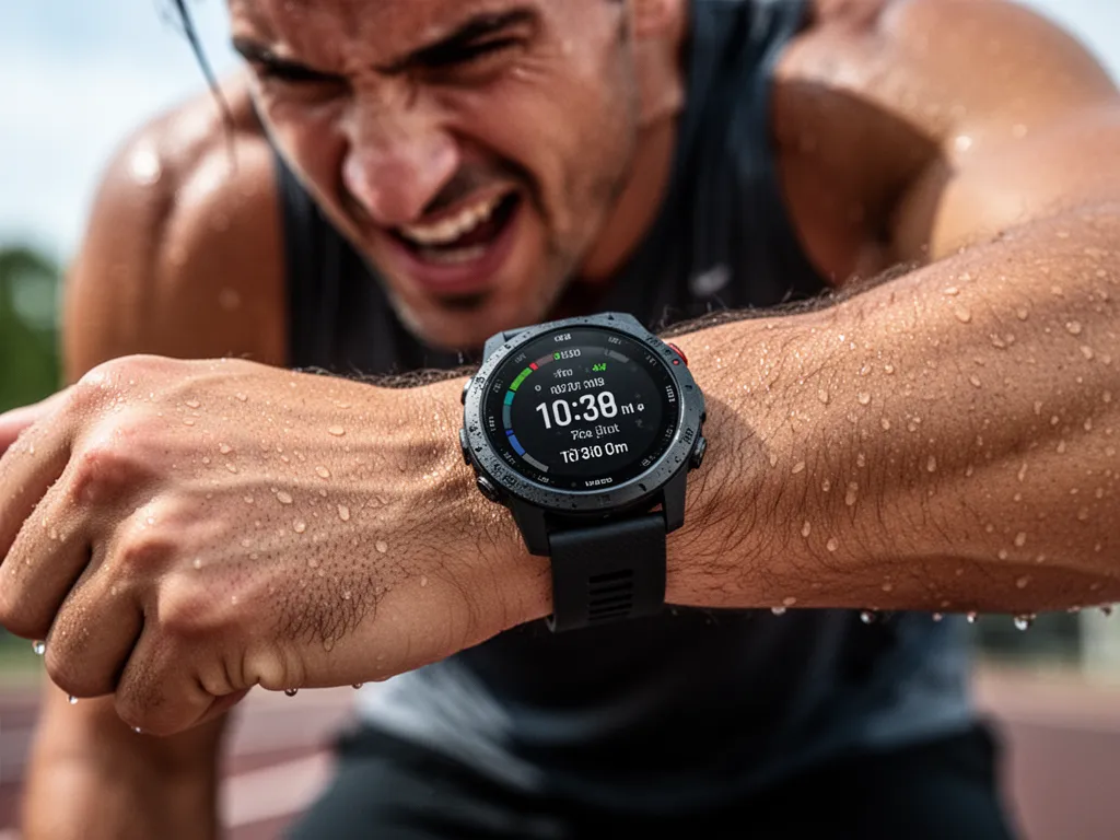 Athlete's wrist with sports tech watch during intense training showing determination and sweat