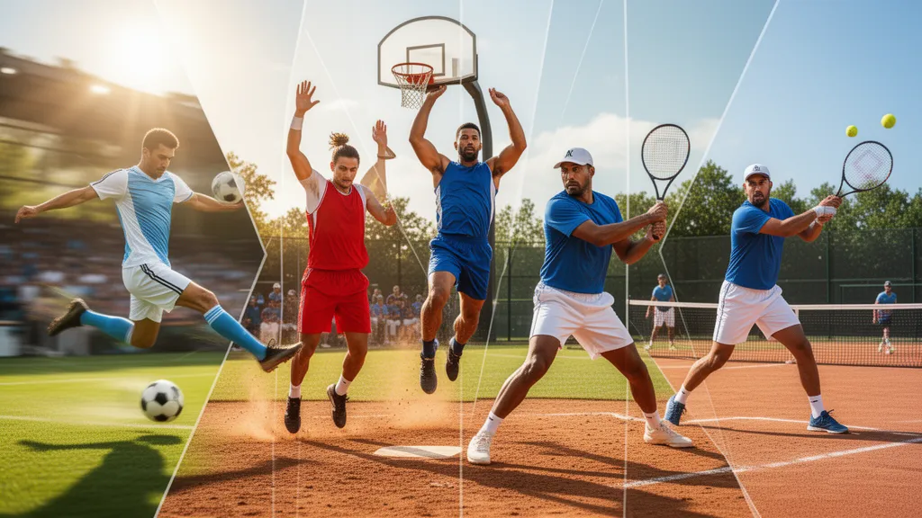 Multiple athletes playing different sports in outdoor natural lighting with dynamic action and motion