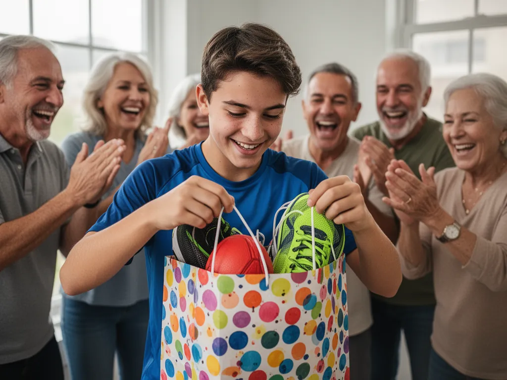 Child opening sports-themed gift bag surrounded by happy family members celebrating together