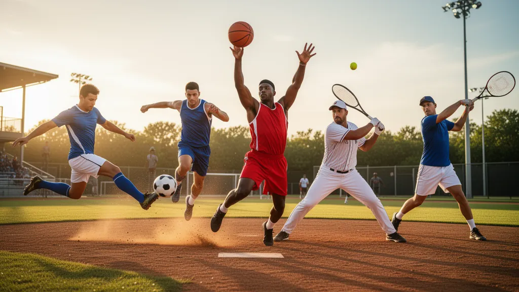 Multiple athletes from different sports in dynamic action poses outdoors during golden hour