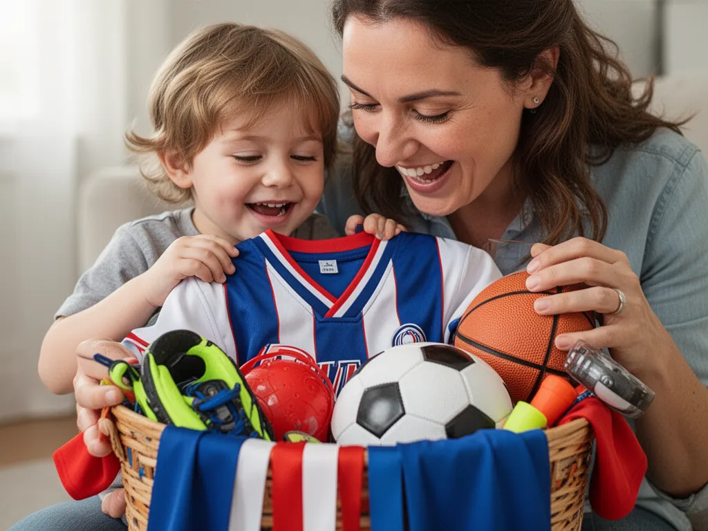 Parent and child smiling while opening a sports gift basket filled with athletic equipment together