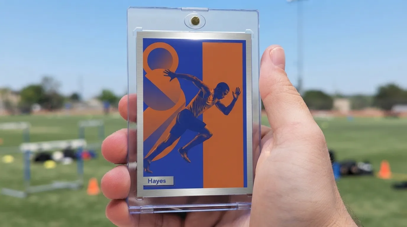 Hand holding magnetic case with duotone sports themed gift baskets trading card, sunny athletic field background.
