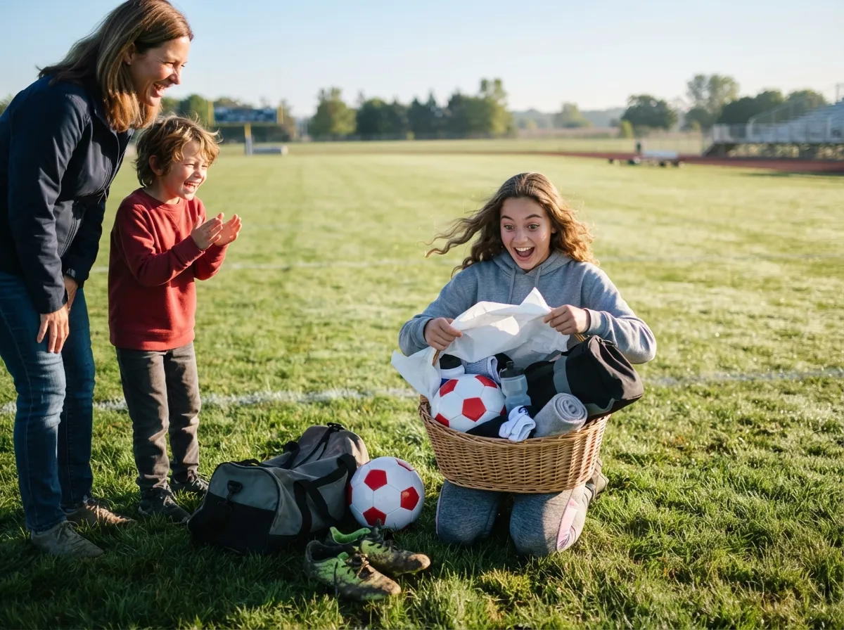 Teen athlete on sports field smiling in surprise while unwrapping a gift basket outdoors.