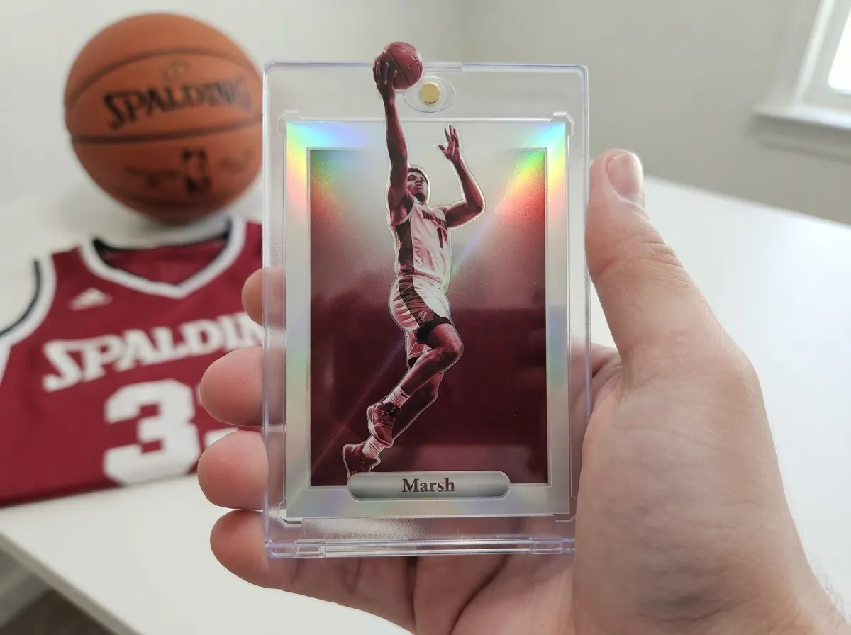 Custom sports trading card in magnetic case showing chrome full-bleed basketball player design.