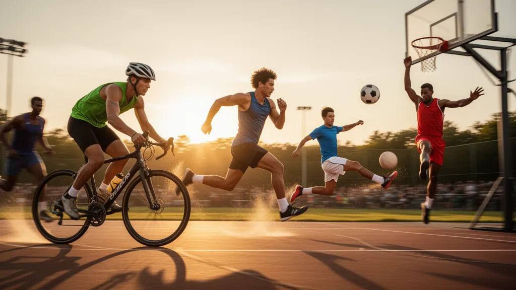 Multiple athletes competing in different sports simultaneously with natural outdoor lighting and dynamic motion