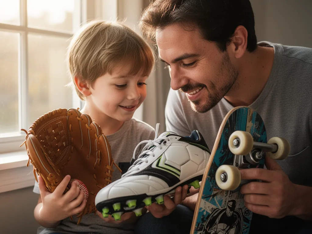 Parent and young child bonding while inspecting sports gear together in warm natural light
