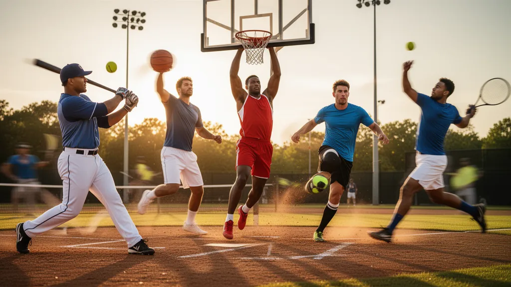 Multiple male athletes competing in different sports simultaneously with dynamic motion and natural outdoor lighting