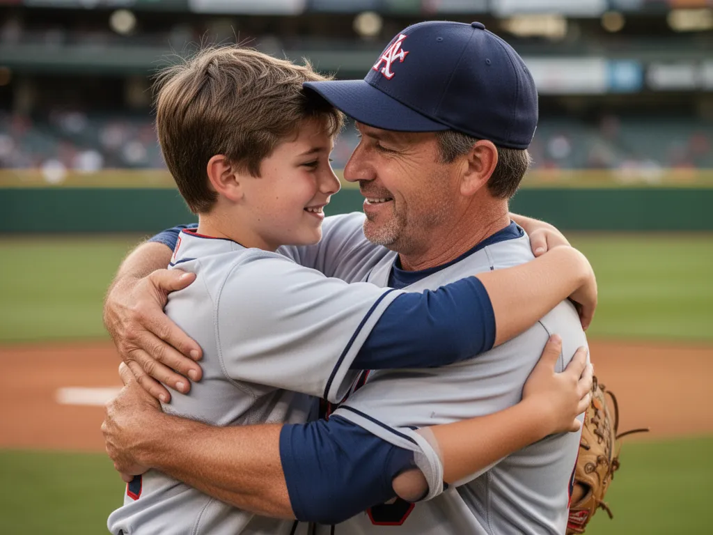 Father and son athletes hugging emotionally after baseball game showing pride and family bonding moment