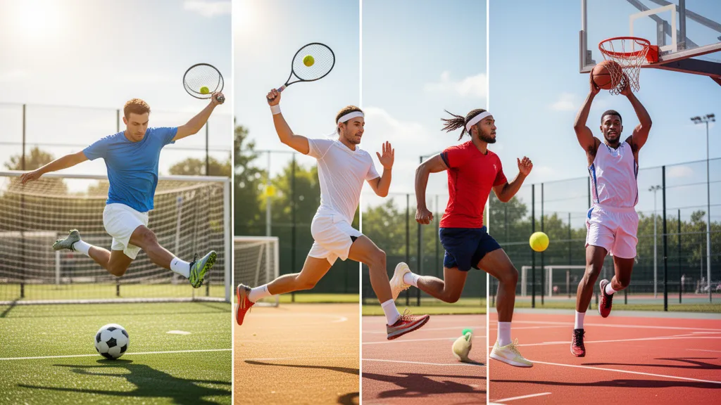 Multiple athletes from different sports competing simultaneously in dynamic outdoor action under natural sunlight