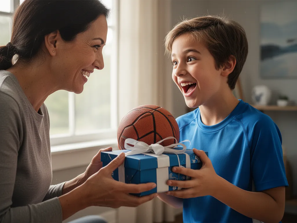 Parent gifting sports equipment to excited child indoors with warm natural lighting and emotional connection