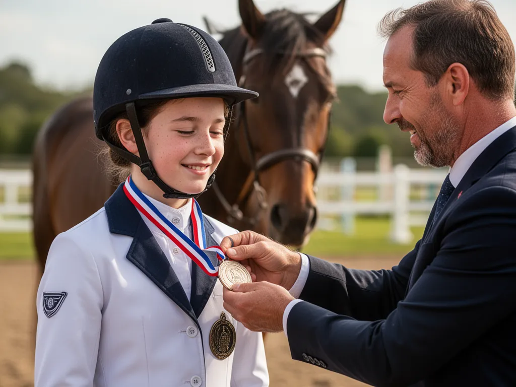[young equestrian athlete smiling while receiving medal from coach after competition]