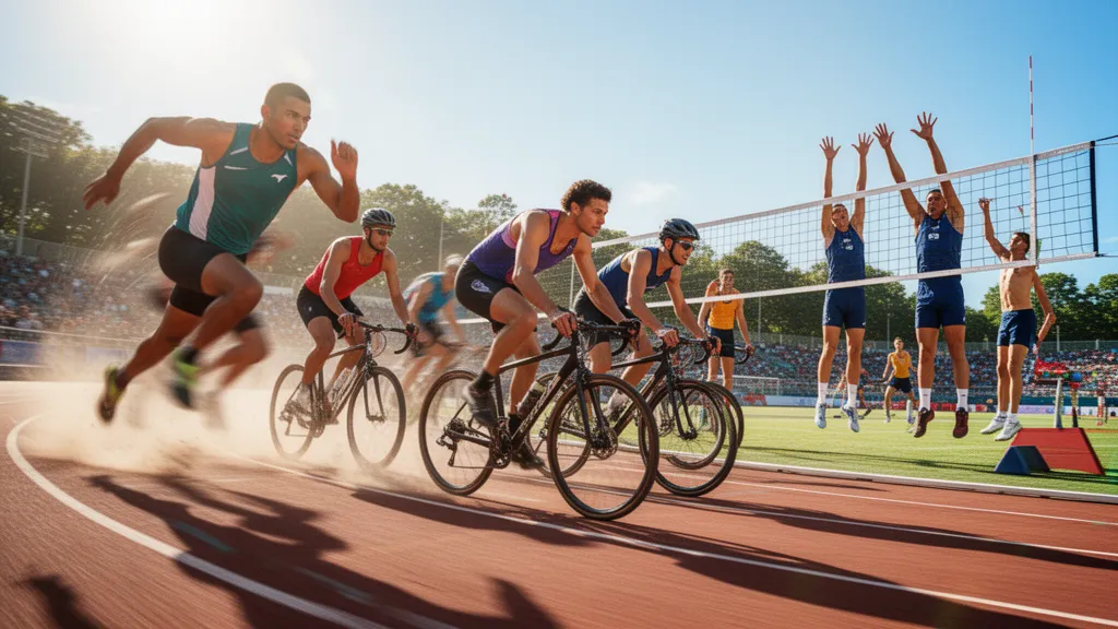 Multiple athletes in different sports competing simultaneously outdoors in dynamic action