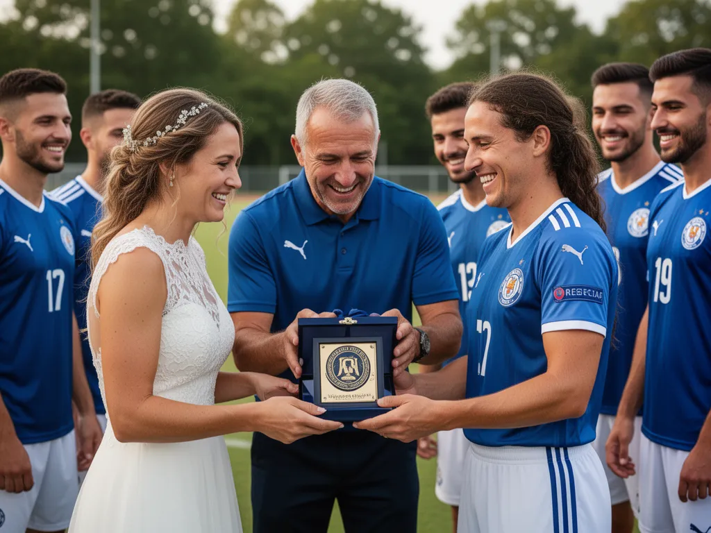 Coach presenting gift to newlyweds in sports uniforms surrounded by celebrating team members